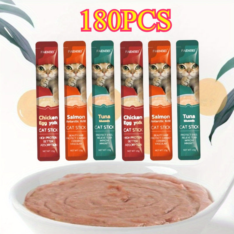 Cat Nutrition Strips 180-Piece Variety Pack | Wet Food Treats in Chicken, Salmon, Tuna, Egg Yolk, Krill & Mussel Flavors | Soft Meat Strips for Cats of All - product image