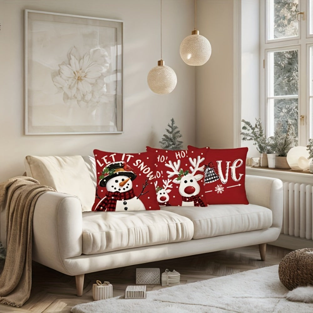 Christmas Throw Pillow Covers 4pcs Set 18x18 | Reindeer Snowman Buffalo Plaid Cushion Covers, Winter Holiday Farmhouse Home Decor, Sofa Couch Porch Patio, No Insert - product image 6