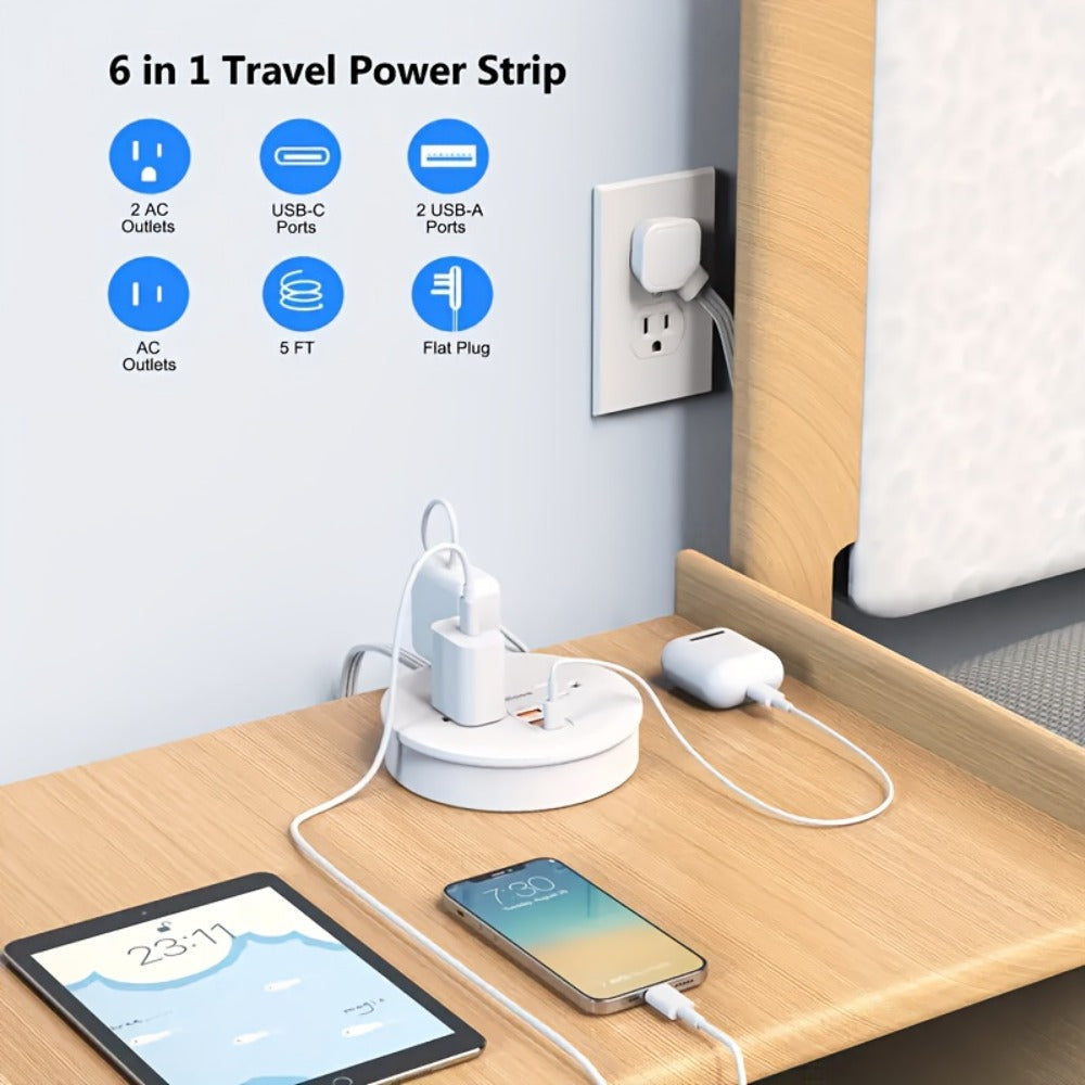 Travel Power Strip Retractable 4ft Flat Plug Extension Cord 3 Outlets 3 USB Ports 2 USB-C Compact Charging Station for Dorm Office Home Desk Travel - product image 2