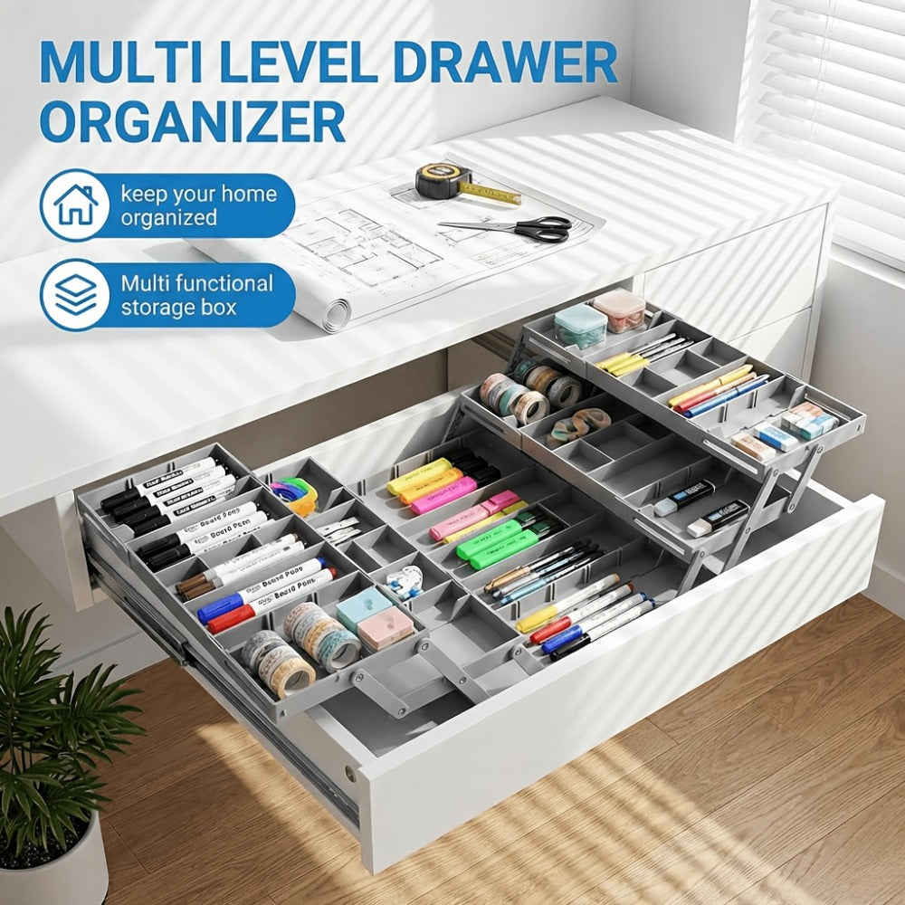 Collapsible Drawer Organizer Box, Double Row Expandable Desk & Drawer Storage with ABS Material, Jewelry Cosmetics Home Office Organizer - product image