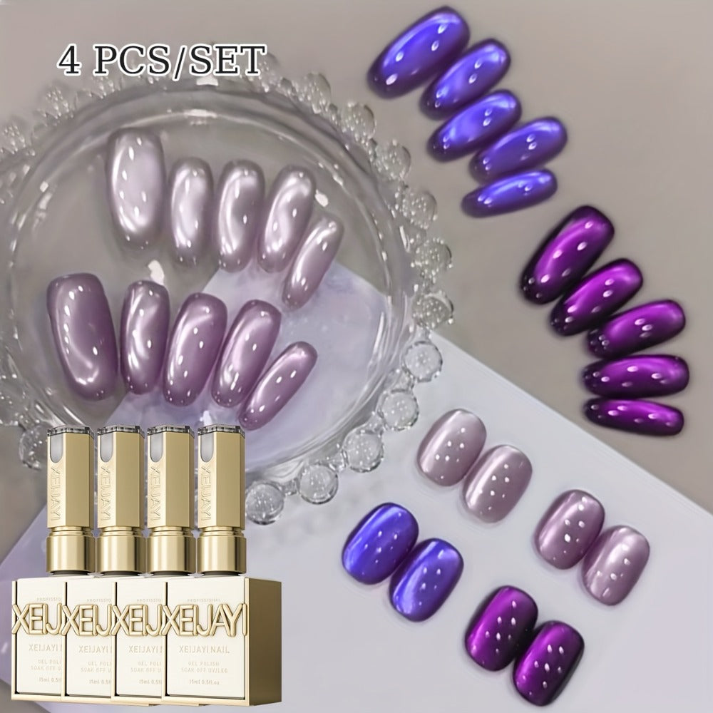 Cat Eye Gel Nail Polish Set 4pcs Purple Iridescent Glass Bead — Nine Purple Fire Aurora Shimmer UV LED Soak-Off Gel Polish for Women, Salon & Home DIY Nail Art Manicure Kit - product image
