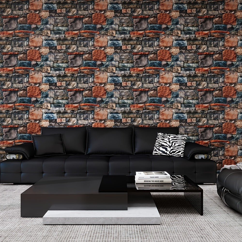 3D Brick Foam Wallpaper Self Adhesive Peel and Stick Wall Panels Waterproof PVC Rustic Brick Pattern Home Bathroom Kitchen Wall Decor Blue Brown Red 17.5in Wide - product image 2