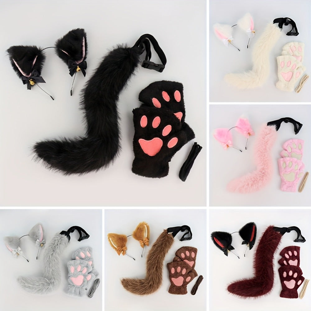 Bell Ear Headband, Plush Paw Gloves & Adjustable Tail for Halloween, Cosplay, Role Play & Stage Performances, Cute Gift for Women Girls, Grey White Brown Pink - product image