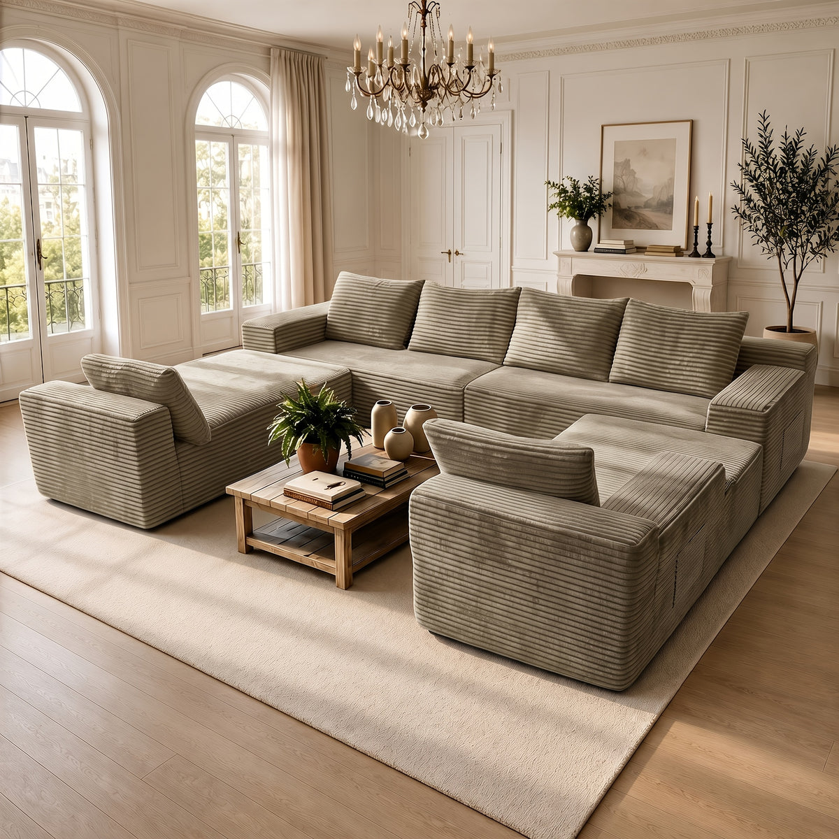 121.2" Oversized U-Shaped Corduroy Cloud Couch, 8-Seater Modular Sectional Sofa with Double Chaise, Boneless Deep Seat Convertible Couch, 4-In-1 Flexible Large Corner Sofa for Living Room, No Assembly