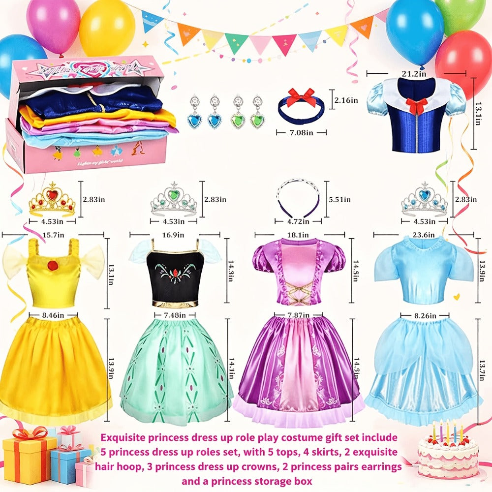 5 Role Play Outfits with Crowns, Earrings & Storage Box, Toddler Princess Costumes for Girls Ages 3-6, Birthday Gift | Girls Princess Dress Up Costume Set 14pcs