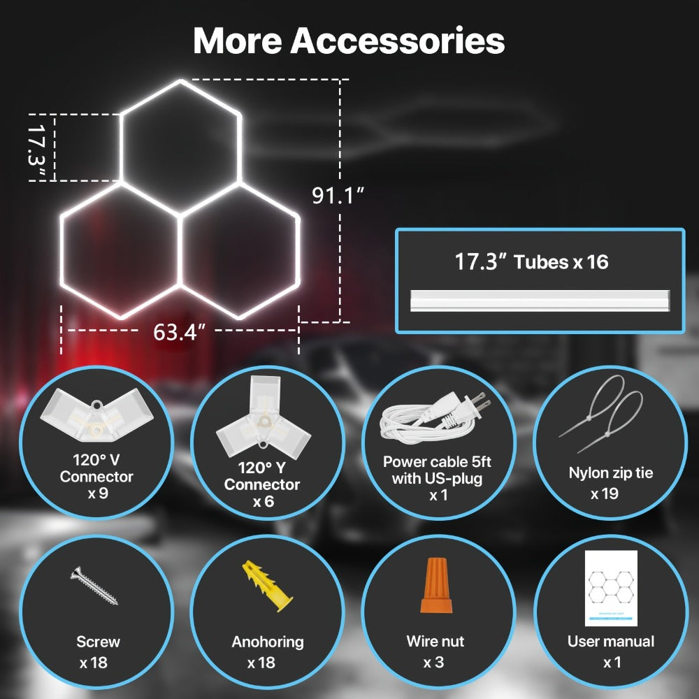 LED Hexagonal Garage Light 6500K – Super Bright Daylight White Shop Light 42W–620W for Auto Detailing, Warehouse, Workshop, Basement & Gym (1 to 32 Grids, Hex Frame Available) - product image 21