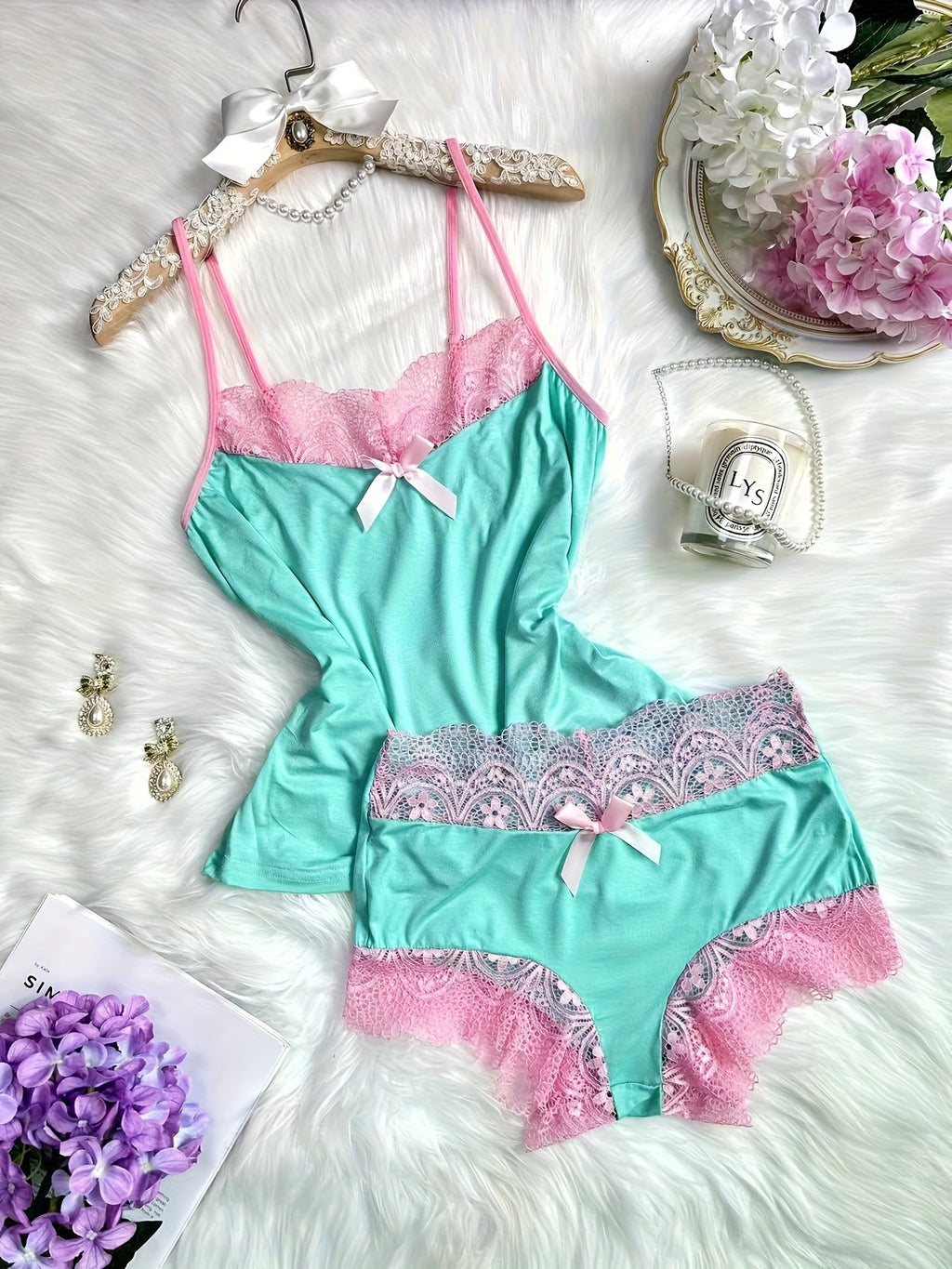 Contrast Color Lace Splicing V-Neck Bow Splicing Soft and Comfortable Skin-Friendly Casual Home Pajamas Set - product image 20