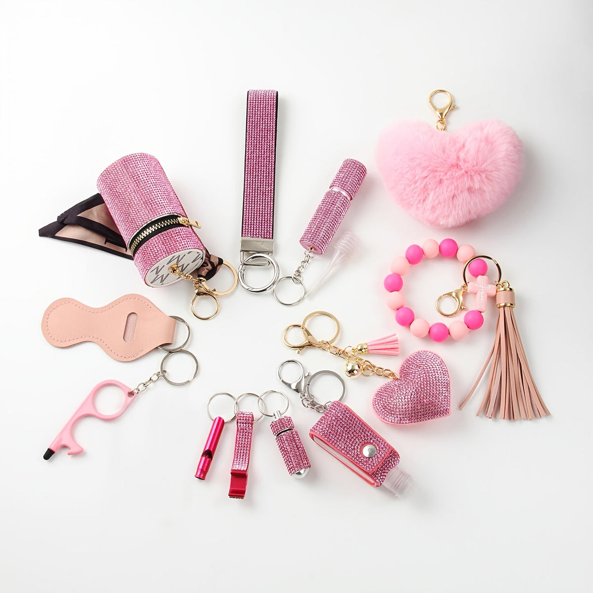 Safety Gadgets with Window Breaker Whistle Hand Sanitizer Holder Perfume Bottle Beaded Bracelet PU Tassel, Holiday Birthday Gift Box | Rhinestone Keychain Set - product image 9