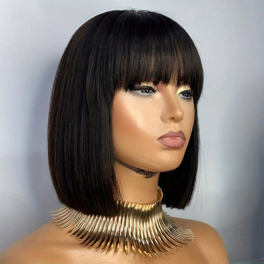 Brazilian Human Hair Bob Wig No Glue 200% Density Full Machine Made Straight with Bangs for Women | Natural Black 8 10 12 16 Inch | Glueless Beginner Friendly - product image 9