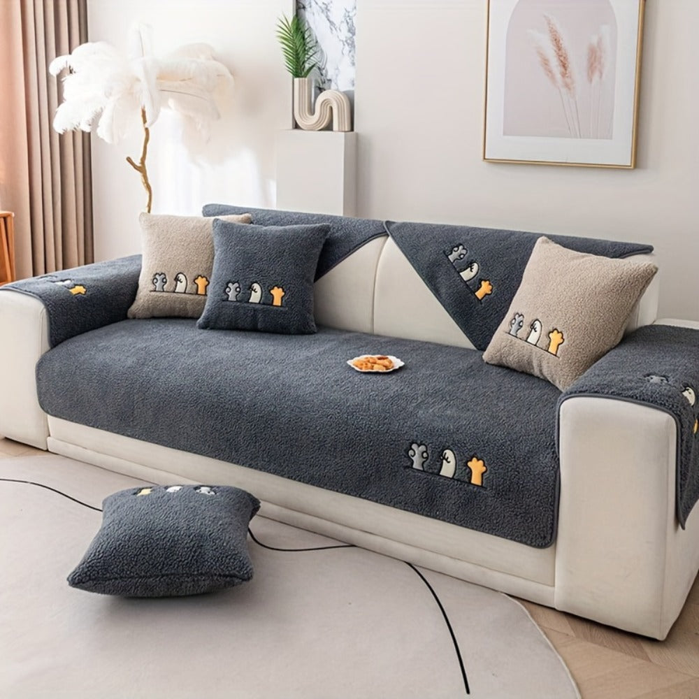 Plush Shearling Sofa Cover Non-Slip Pet-Friendly Couch Protector Animal Bone Embroidery Soft Warm for Living Room Bedroom Office 2 3 4 Seater - product image 2