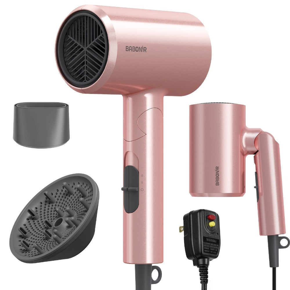 1875W Ionic Travel Hair Dryer Foldable with Diffuser & Concentrator Nozzle — Brushless Motor, 3 Heat Settings, 2 Speeds, Fast Drying Compact Blow Dryer for All Hair Types, Pink or  - product image