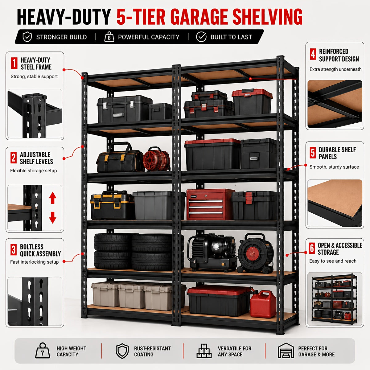 72"H Garage Shelving Unit Heavy Duty 5-Tier Adjustable Metal Storage Rack, 35.5" Or 71" Wide Utility Storage Shelves, Tool Organizer for Garage, Basement - product image 7