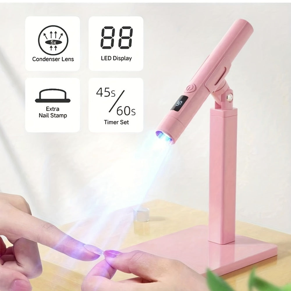Gel Nail Lamp 360° Rotating Head with Digital Timer 45s/60s & Bonus Nail Stamp – USB Powered LED Gel Polish Curer with Condenser Lens for Home Manicure & Nail Art, White Pink - product image 3