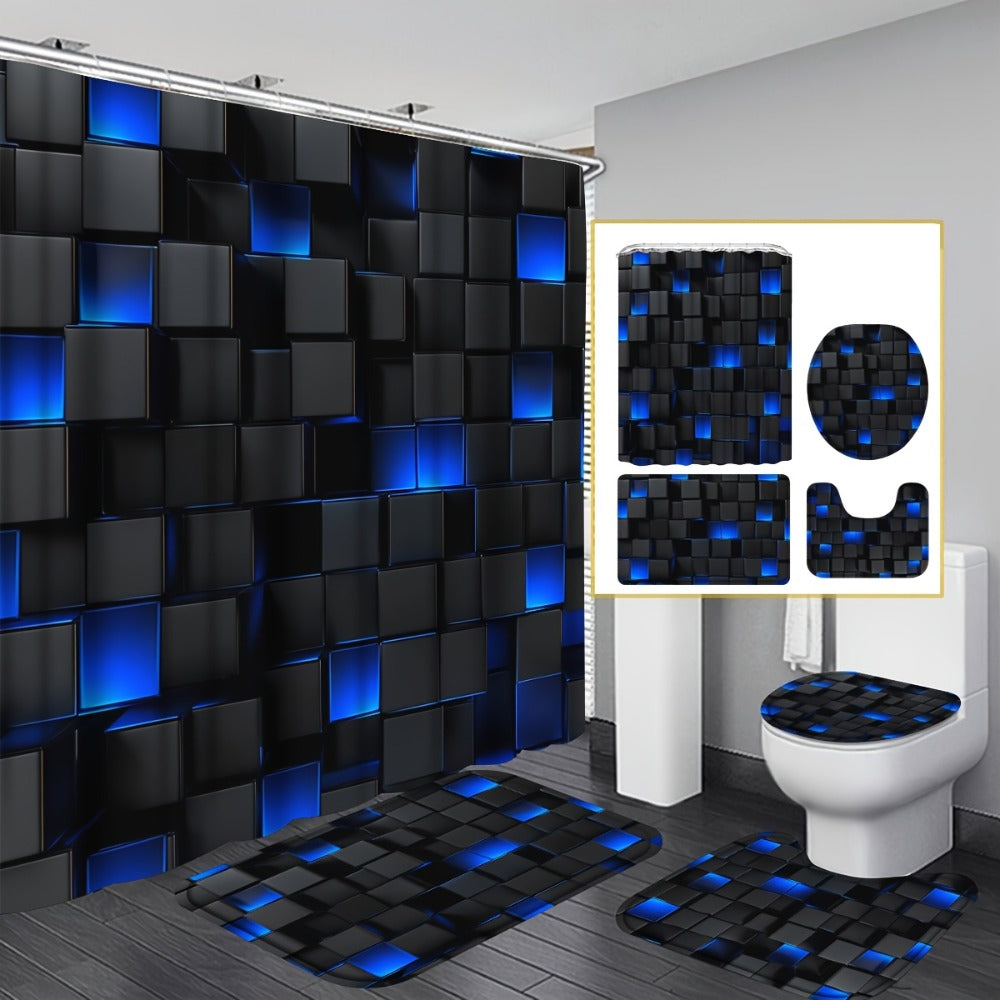 Shower Curtain Set with 12 Hooks & Toilet Seat Cover, 4-Piece Bathroom Set Dark Blue Geometric Abstract Cube Pattern, Modern Waterproof Bath Curtain Set for Bathroom Decor - product image