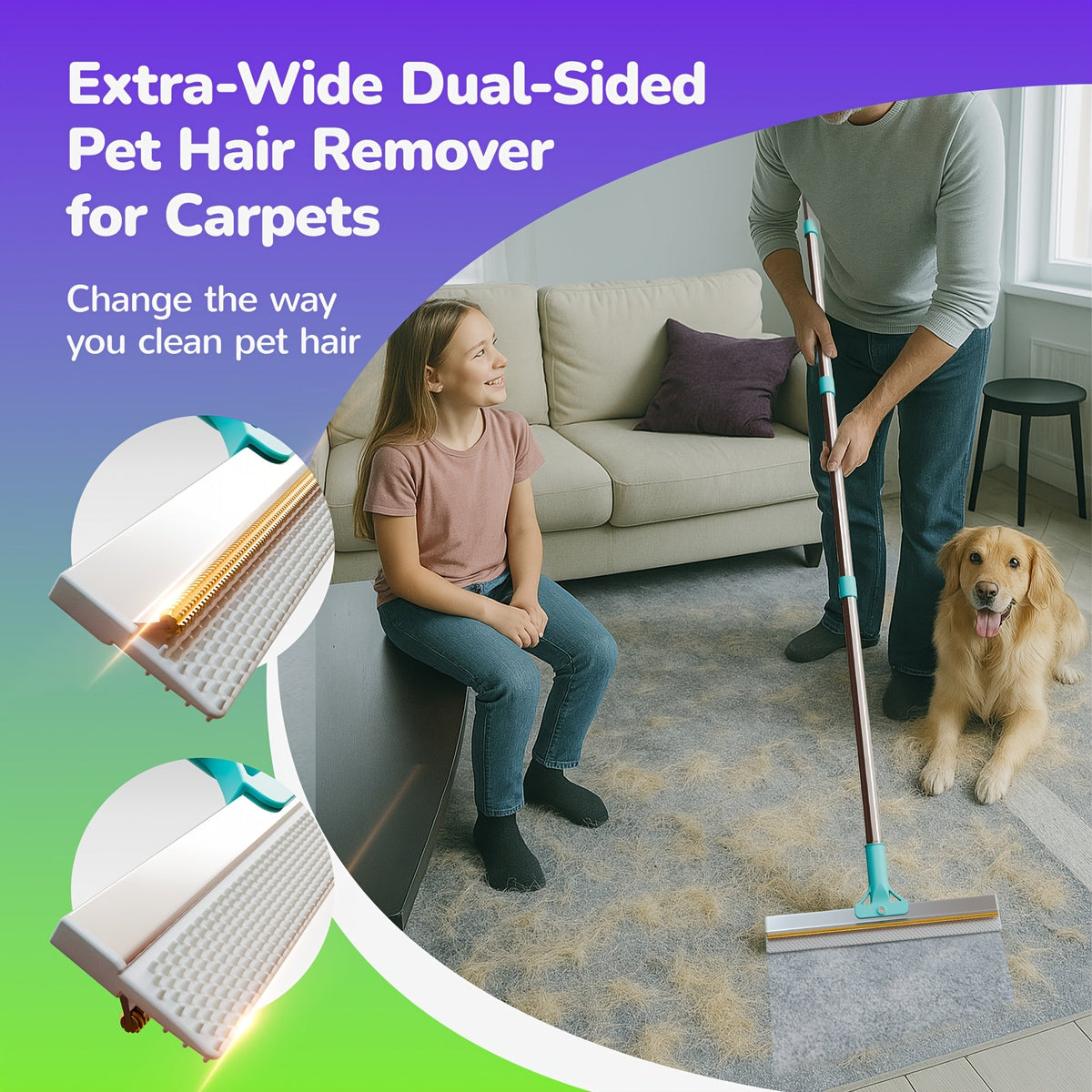 Pet Hair Remover Carpet Rake – 51-Inch Long Handle Dog & Cat Hair Removal Tool for Carpets, Rugs, Upholstery & Stairs – Deep Cleaning Fur Rake – Reusable & Ergonomic Design for All Floor Types