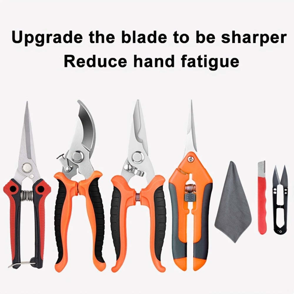 Gardening Pruning Tool Set 8 Piece Stainless Steel | Pruning Shears Scissors Pliers Ergonomic Handle with Wiping Cloth | Lawn Tree Garden Care Kit Orange Yellow Green - product image 9