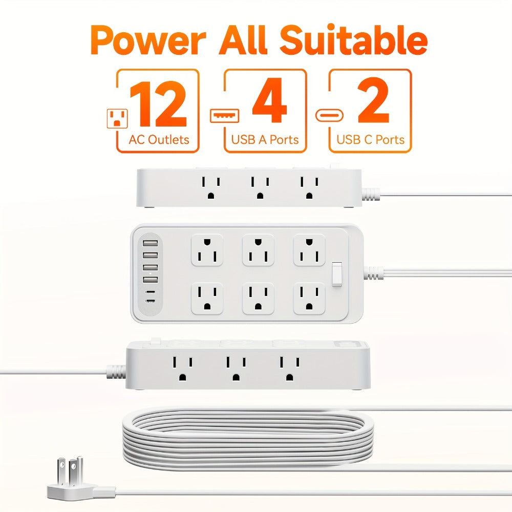 Charging Station Power Strip 18-in-1 with 12 AC Outlets 4 USB-A 2 USB-C Ports Surge Protector Flat Plug 5FT PVC Extension Cord Fire-Resistant for Home Office Travel Desk White Blac - product image 12