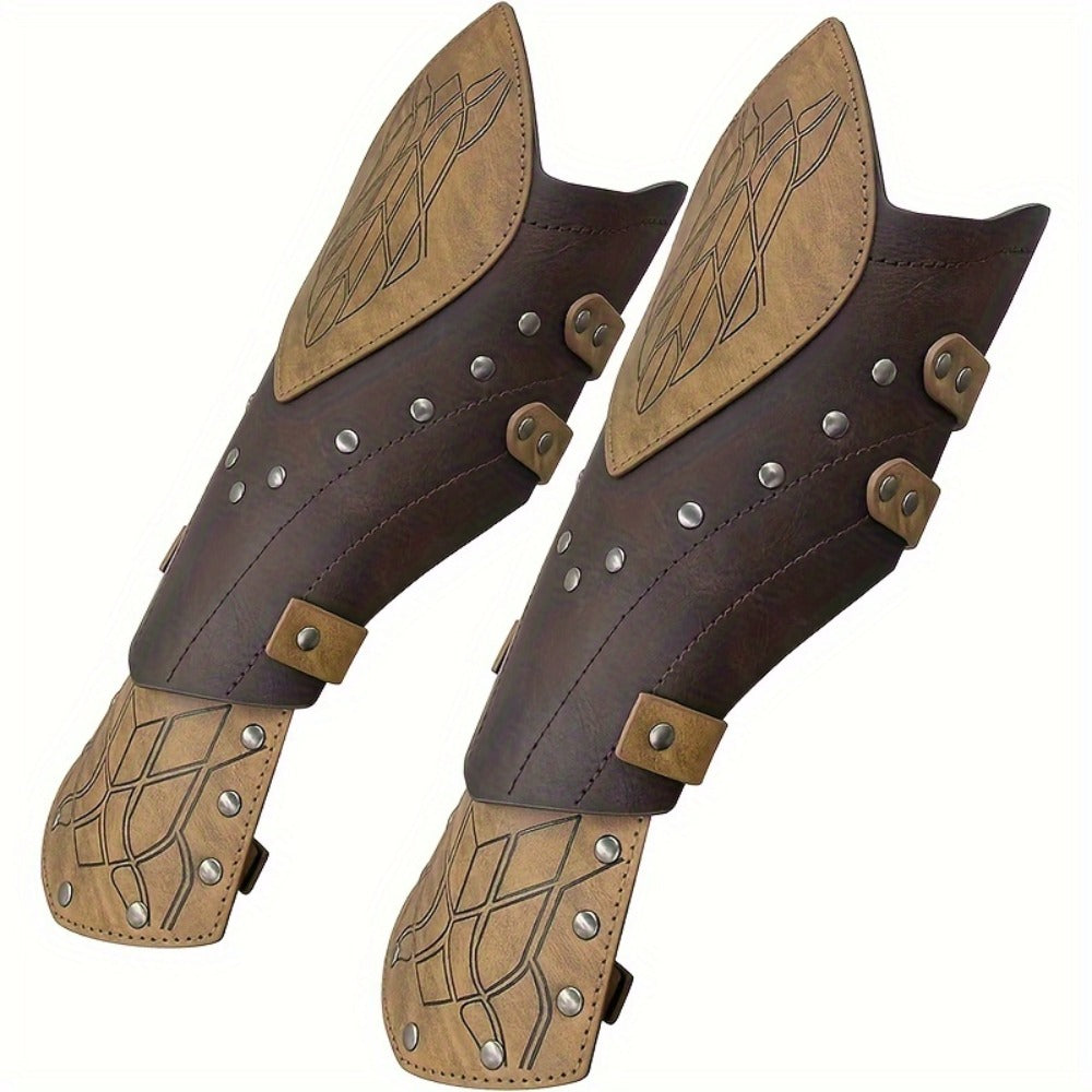 Halloween Knight Gloves LARP Cosplay Renaissance Faire Role Play Costume Prop, Black | Elf Arm Guards 2pcs Medieval Embossed Faux Leather Fantasy Buckle Armor - product image