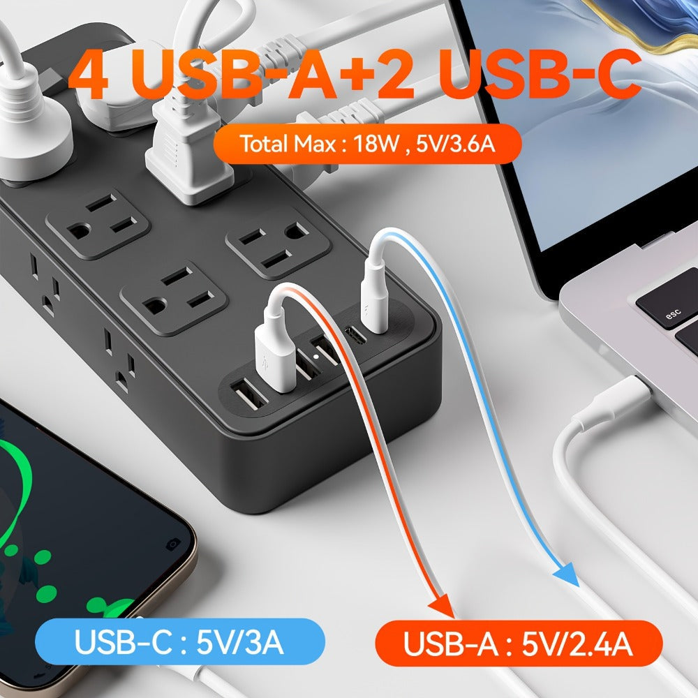 Charging Station Power Strip 18-in-1 with 12 AC Outlets 4 USB-A 2 USB-C Ports Surge Protector Flat Plug 5FT PVC Extension Cord Fire-Resistant for Home Office Travel Desk White Blac - product image 5