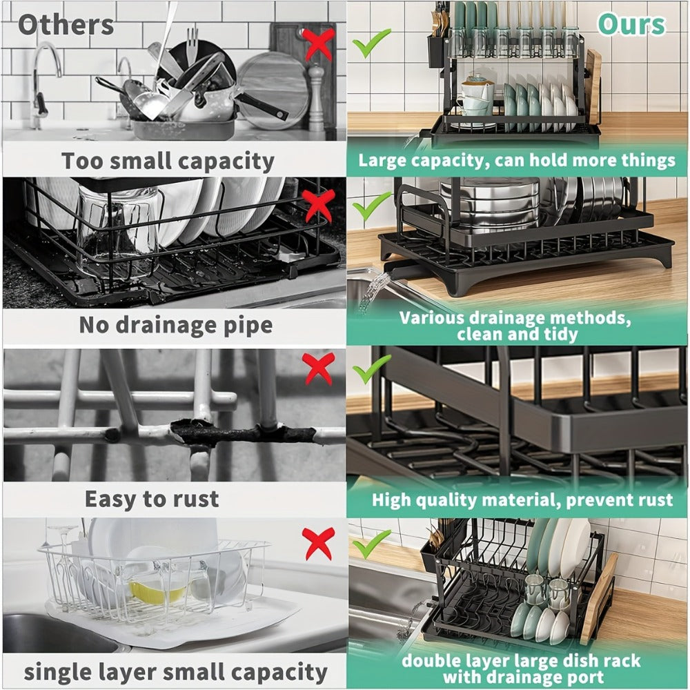 2-Tier Metal Dish Drying Rack with Drainboard – Kitchen Counter Dish Drainer Compact Countertop Drying Rack Black White Gray - product image 13