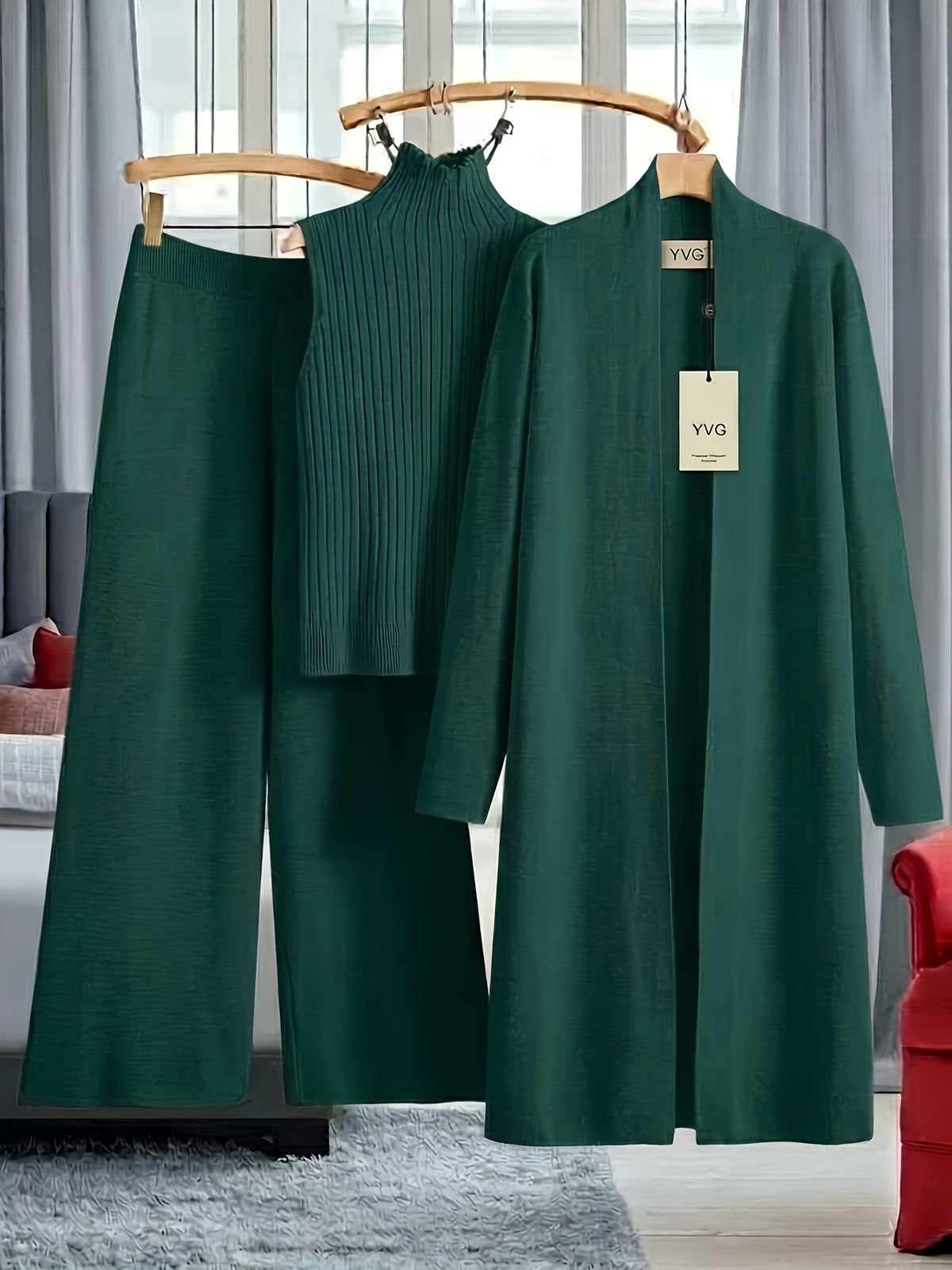 Genuine - Women's Autumn and Winter New Loose Set: Long Wide-Leg Pants + Shawl Cardigan + High-Collar Sweater Vest Fashion Three-Piece Set