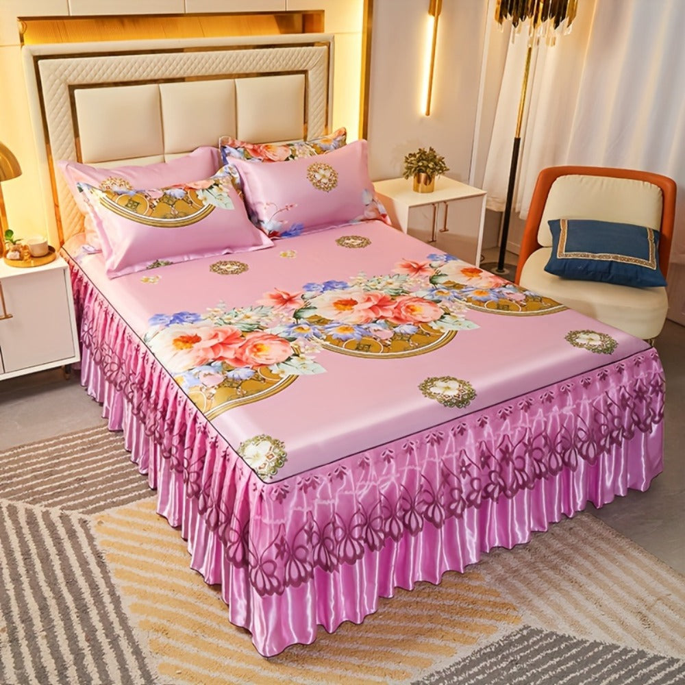 Floral Ruffle Bed Skirt Cool Mat 3 Piece Set with Pillowcase, Double Layer 360° Full Wrap Washable Cooling Mattress Cover, Breathable Summer Bedding Set for Twin Full Queen King, P - product image 16