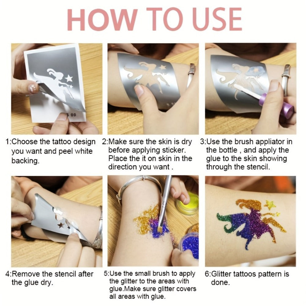 Glitter Tattoo Kit for Kids & Adults – 14 Stencil Sheets 6 Metallic Colors Skin-Safe Body Glue 2 Brushes Temporary Body Art Set for Birthday Parties Festivals Halloween Rave Costum - product image 2