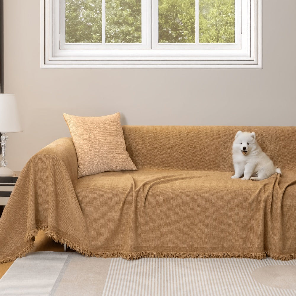 Couch Cover Throw Chenille Fringe Extra Large - Pet Friendly Scratch Proof Non-Slip Washable Polyester Sofa Protector | 3 Seat 71x102in 4 Seat 71x134in | Beige Gray Brown | Living  - product image 5