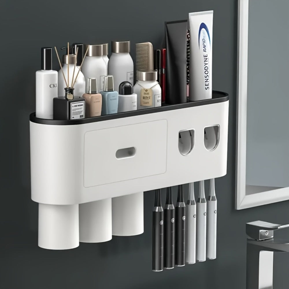 Wall Mounted Toothbrush Holder with Automatic Toothpaste Dispenser - 3 Cups Bathroom Organizer, Space-Saving Toothbrush Cup Holder for Family, Black & Gray - product image 8