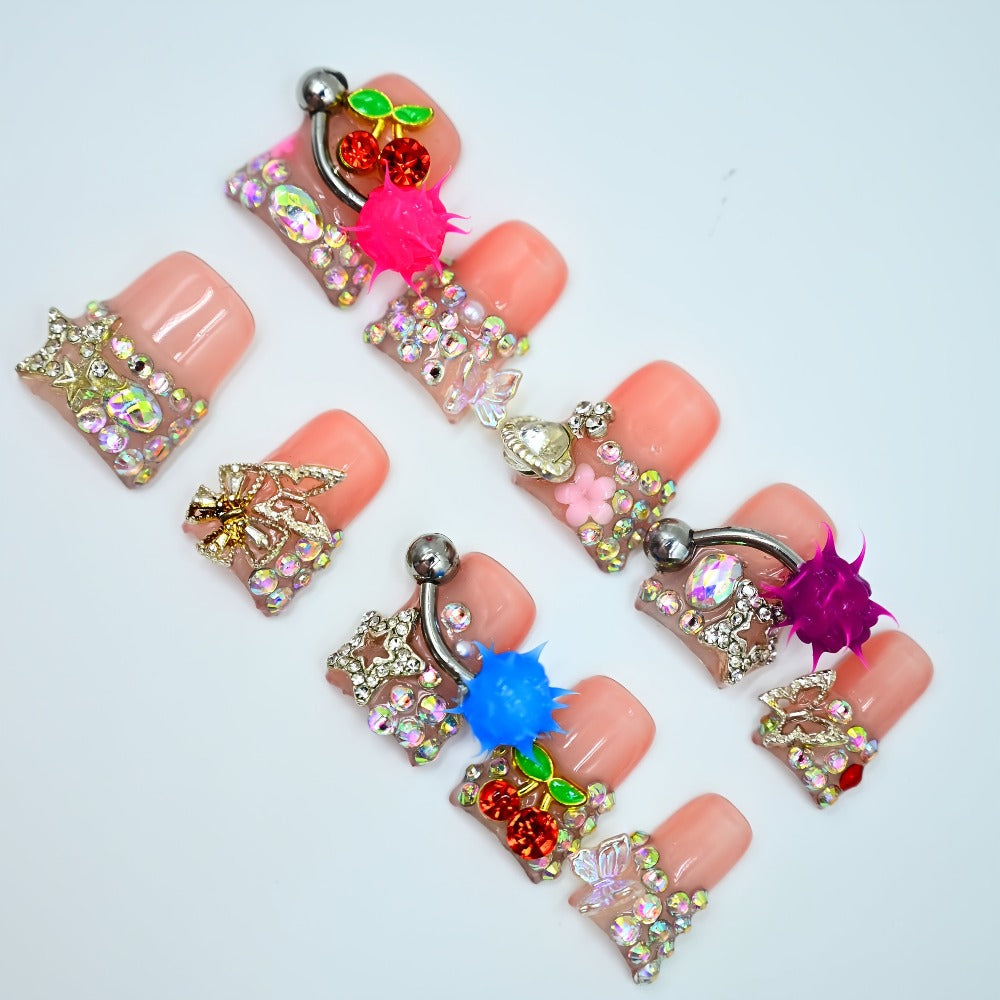 Y2K Duckbill Press On Nails Handmade 3D Charm – Nightmare Eye Barbell Rhinestone Strobe Gradient Star False Nails for Women Girls | Edgy Festival Party Nail Art | S M L Sizes Pink  - product image 12