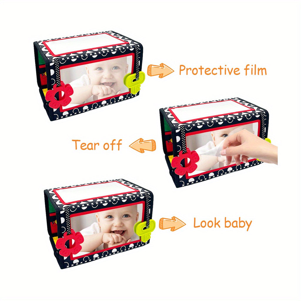 Double-Sided Tummy Time Floor Mirror with Teethers - Black & White High Contrast Baby Toys for Sensory Development, Crawling Aid with Interactive Animal & Geometric Patterns