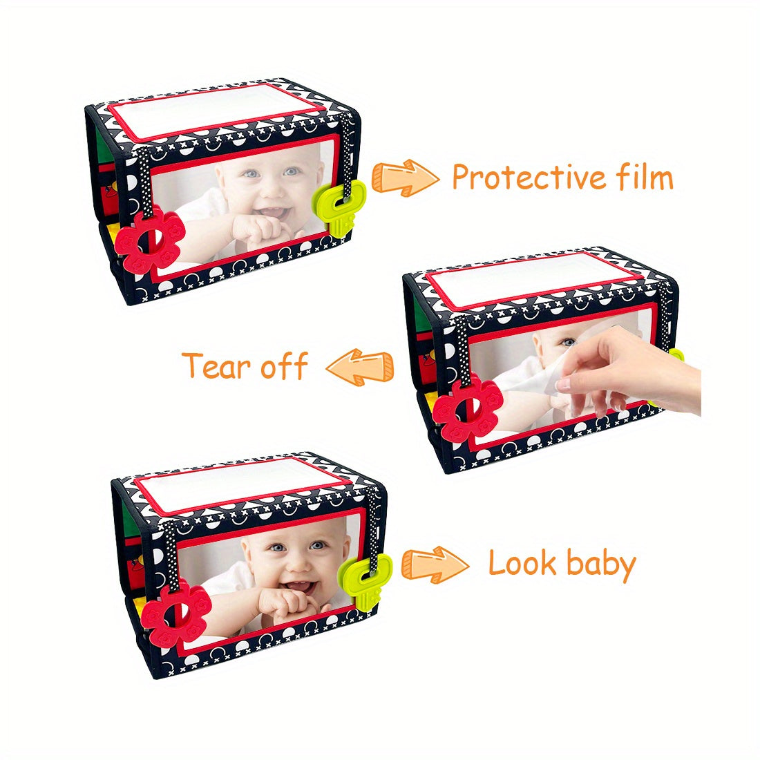 Double-Sided Tummy Time Floor Mirror with Teethers - Black & White High Contrast Baby Toys for Sensory Development, Crawling Aid with Interactive Animal & Geometric Patterns