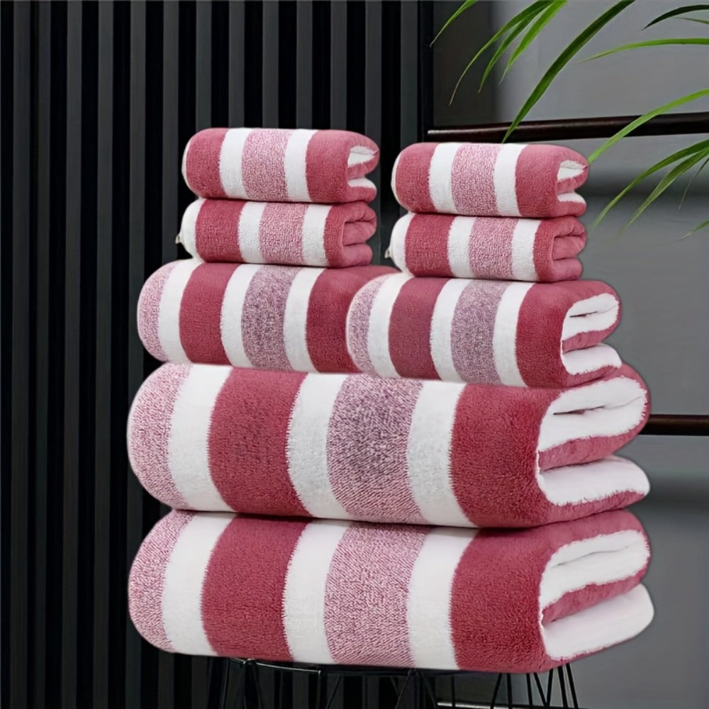 Towel Set 8 Piece Two-Color Striped - Super Absorbent Soft No Hair Loss Bath Towel Combo | 2 Bath Towels 2 Face Towels 4 Hand Towels | Grey Red Blue Green | Bathroom Family Hotel S - product image 5