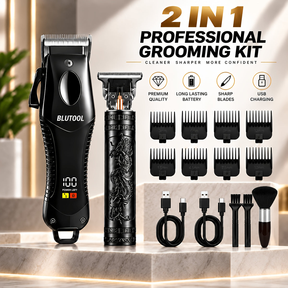Men' Wireless Electric Hair Clipper & Trimmer - USB Rechargeable Professional Grooming Kit with LCD Display Suitable for Beard, Face, Body Hair Care, USB- for Home, Travel, Car Use
