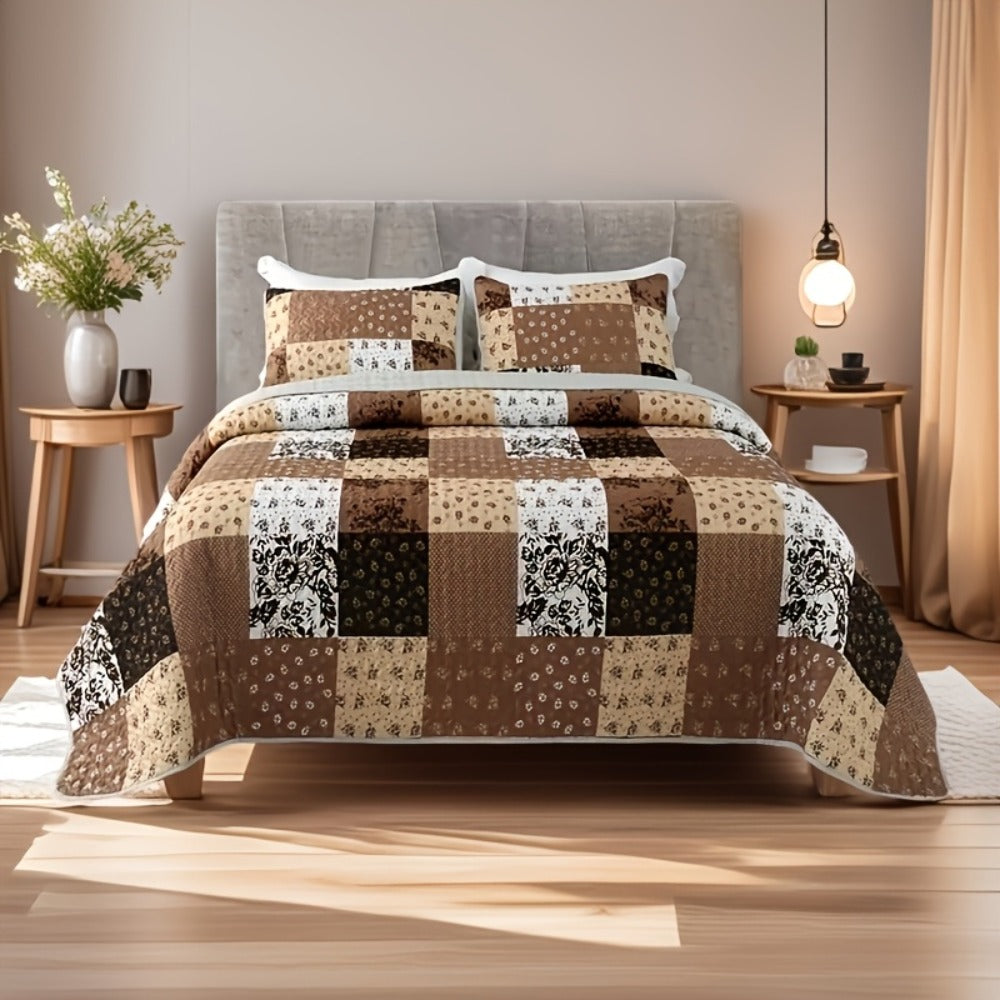 Patchwork Quilted Bedspread Set 3 Piece - 1 Quilt & 2 Pillow Shams Machine Washable All-Season Soft Breathable 100% Polyester Bedding Set for Bedroom Dorm, Twin Full Queen King - product image 2