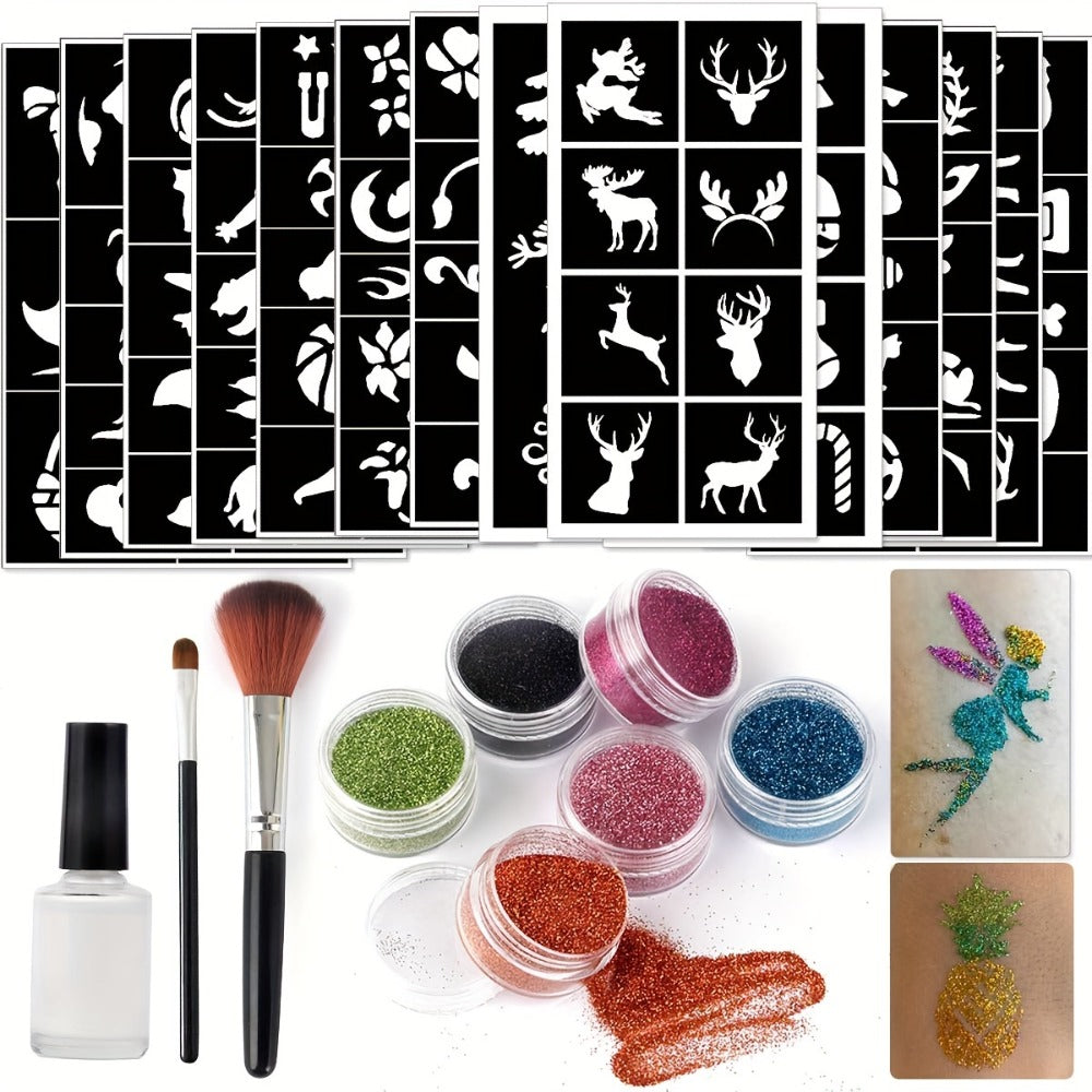 Glitter Tattoo Kit for Kids & Adults – 14 Stencil Sheets 6 Metallic Colors Skin-Safe Body Glue 2 Brushes Temporary Body Art Set for Birthday Parties Festivals Halloween Rave Costum - product image