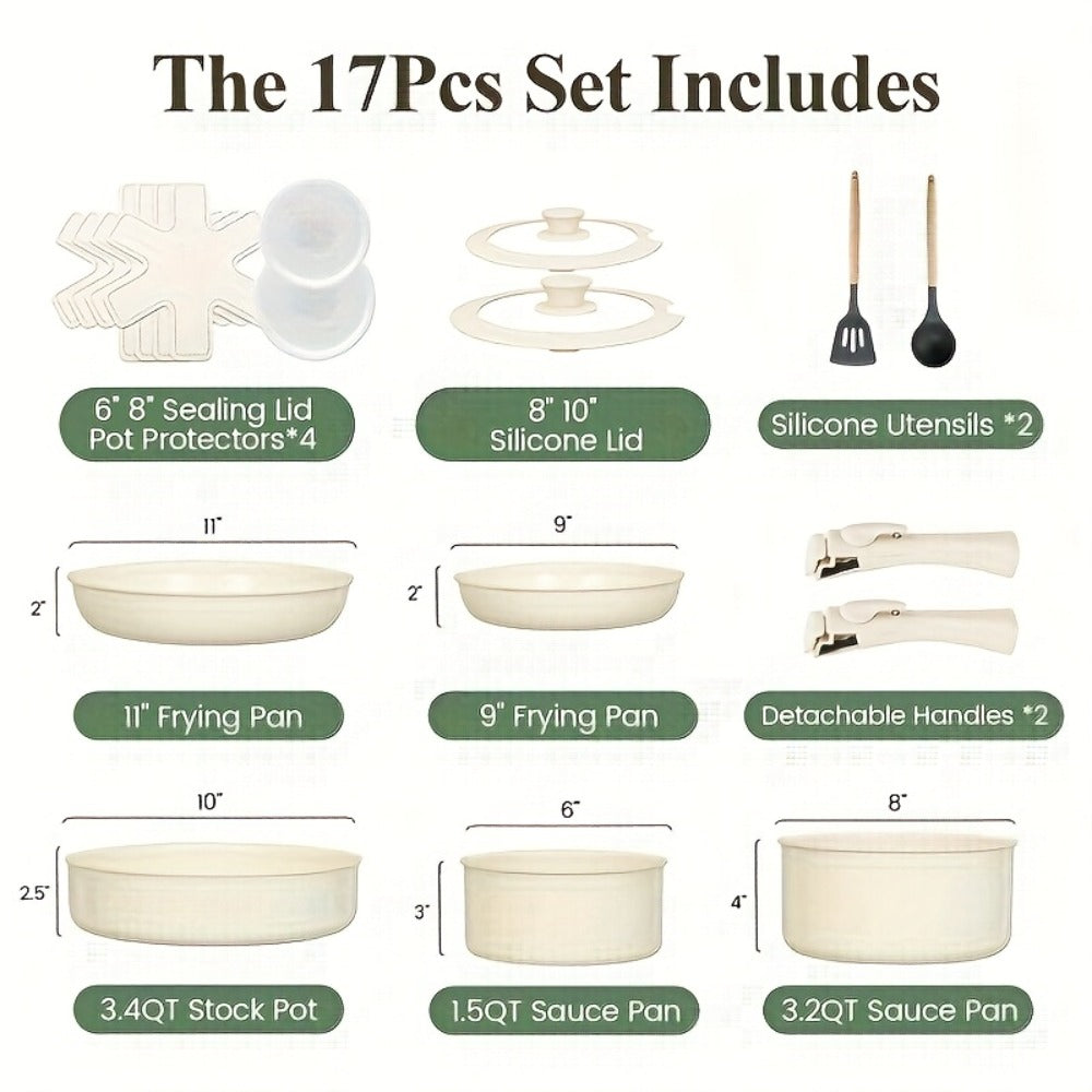 Ceramic Nonstick Cookware Set 17 Piece Pots and Pans with Removable Handles - PFOA Free Stackable Induction Ready Oven Dishwasher Safe RV Kitchen Set Frying Pans Sauce Pans Beige - product image 3