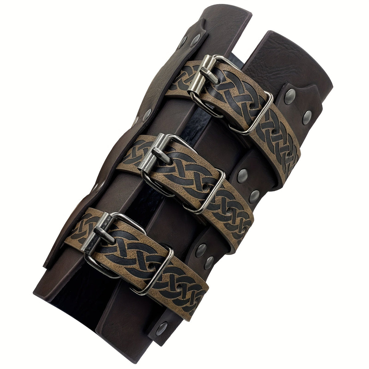 Embossed Renaissance LARP Cosplay Costume Accessory for Halloween, Stage Performance & Photography, Brown & Black, 1pc or 2pcs – Medieval Faux Leather Bracers Viking Arm Guards