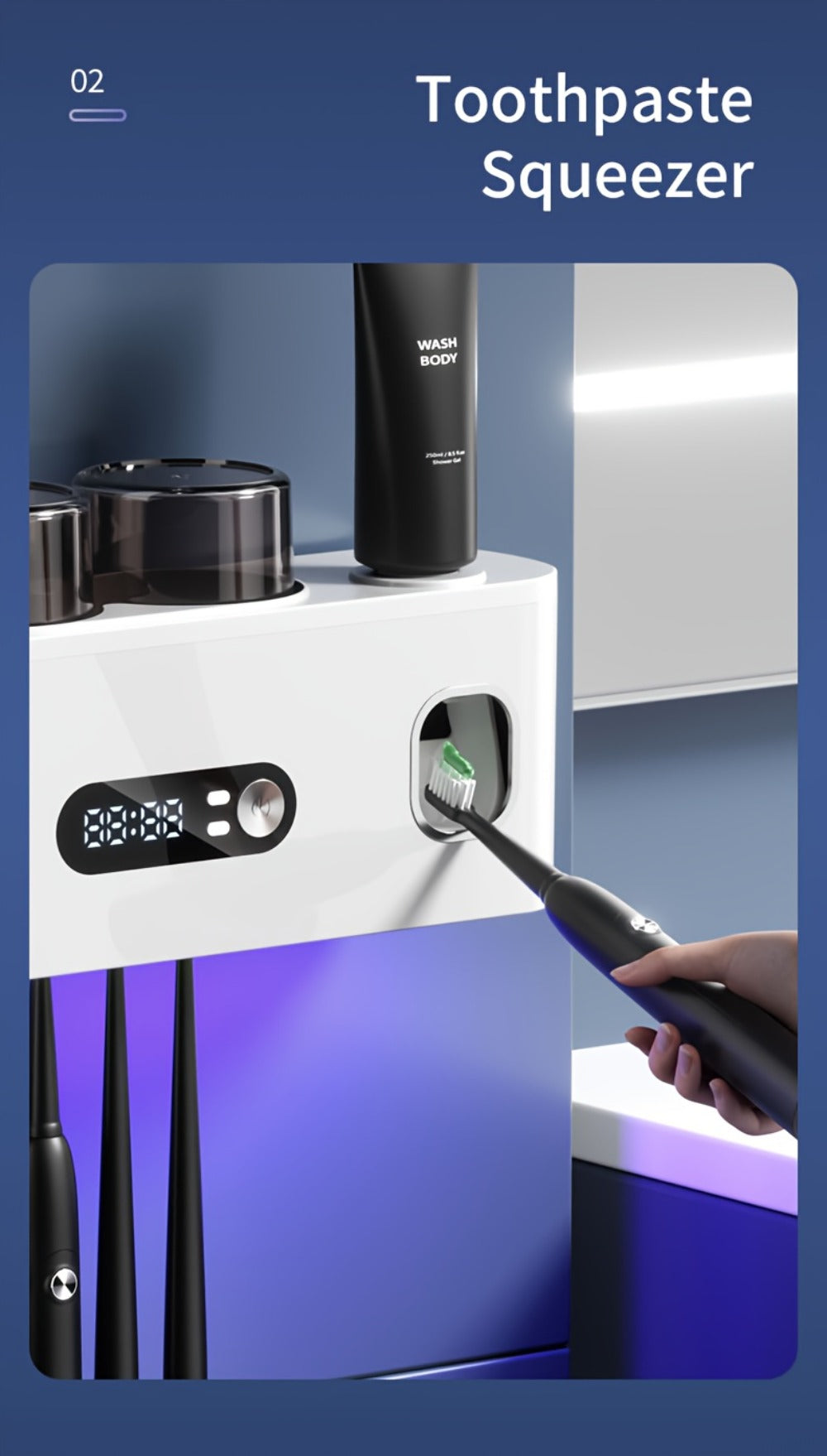 Toothbrush Holder with UV Sterilizer & Automatic Toothpaste Dispenser – 5-Slot Smart Bathroom Organizer with 2 Cups, USB Rechargeable, Clock Display, Durable Plastic Wall Mount for - product image 14