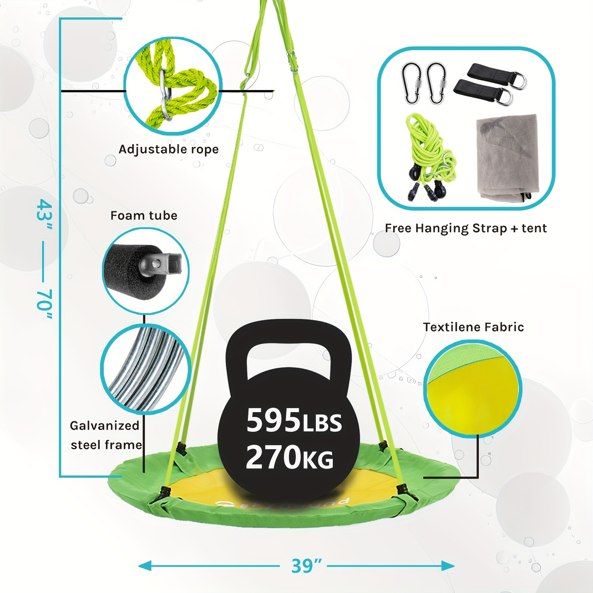 Flying Saucer Tree Swing 39"-43" | Textilene Fabric, UV & Tear Resistant, 360° Rotating with Adjustable Rope | Round Outdoor & Indoor Swing for Backyard & Garden, Multiple Colors
