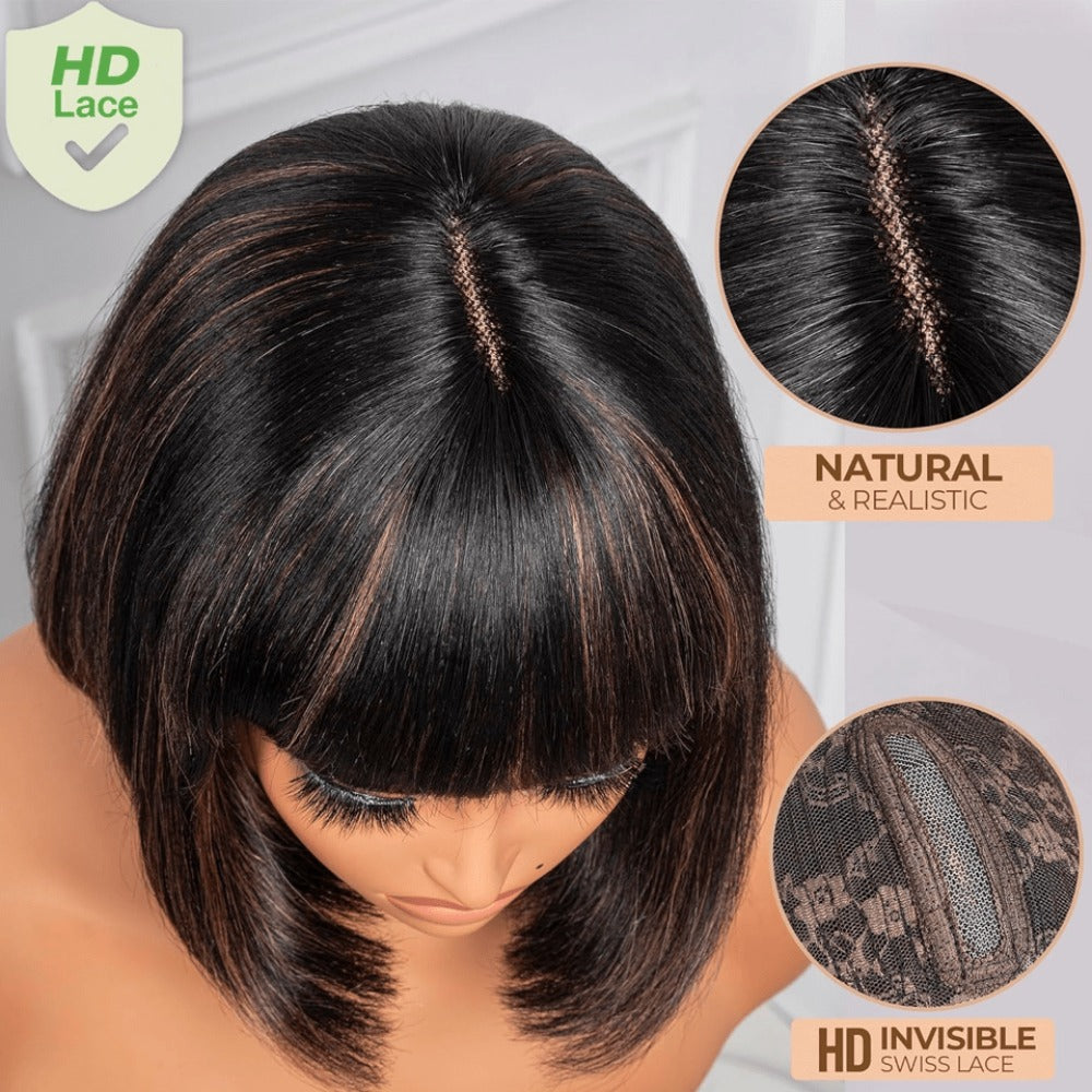 Straight Bob Wig with Bangs Human Hair 3x1 Lace Part Pre-Plucked Glueless Brazilian Short Bob 150 Density 1B/30 Highlight Natural Black 10-12 Inch Women - product image 4