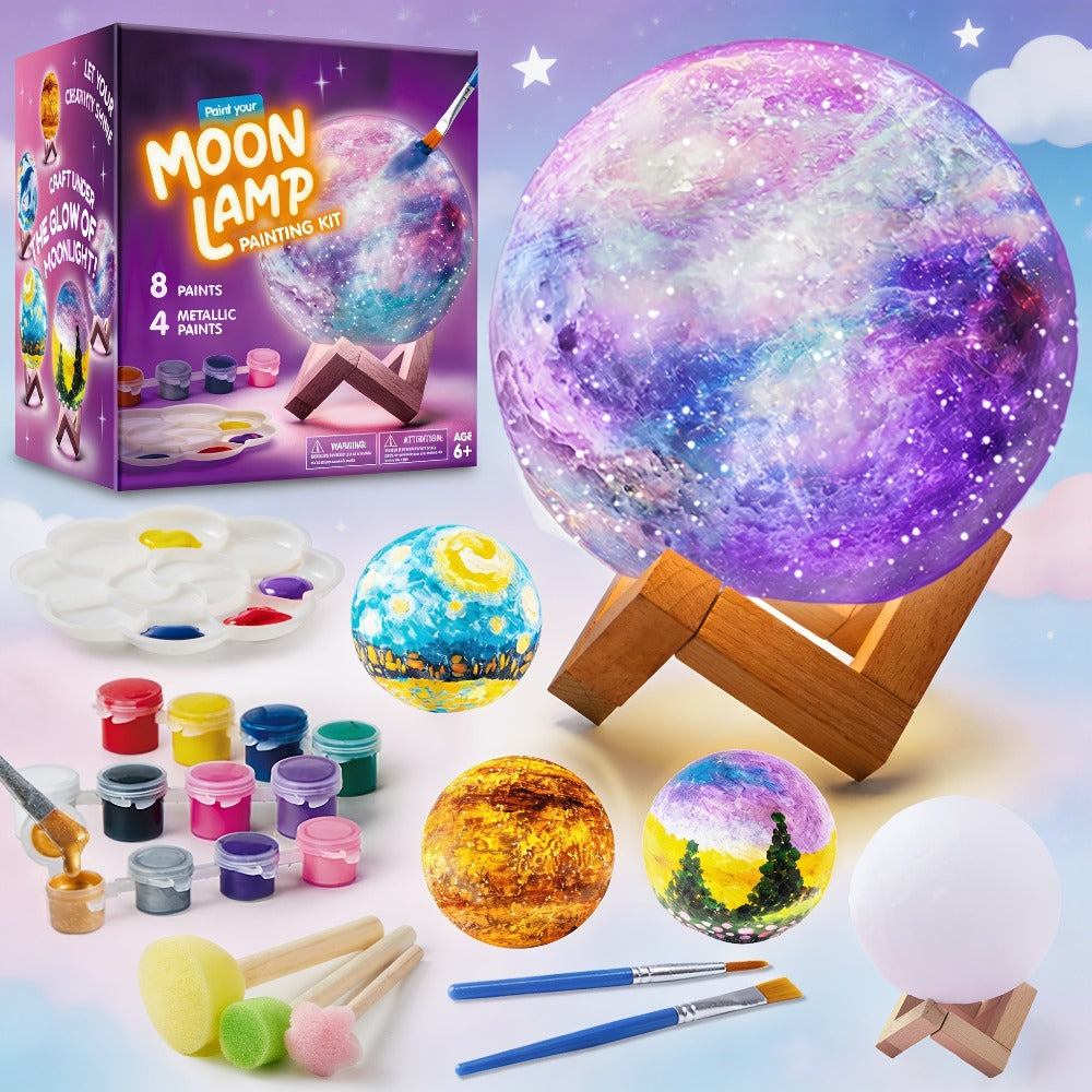 DIY Moon Lamp Craft Kit for Kids Paint Your Own 3D Moon Night Light with 12 Paints 4 Metallic Colors 2 Brushes Wooden Base Arts and Crafts Gift for Girls Boys Ages 6+ Birthday Christmas for Festive Home Decor