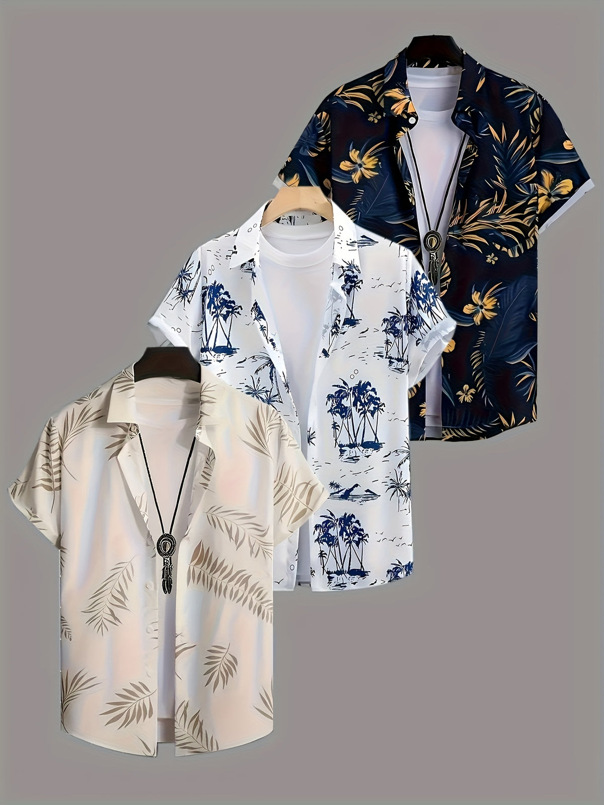 3pcs Men's Tropical Floral & Palm Tree Print Short Sleeve Shirts - Casual, Comfortable Summer Button-Up Dress Shirts in Black, White, & Beige - Perfect Gift for - product image 3