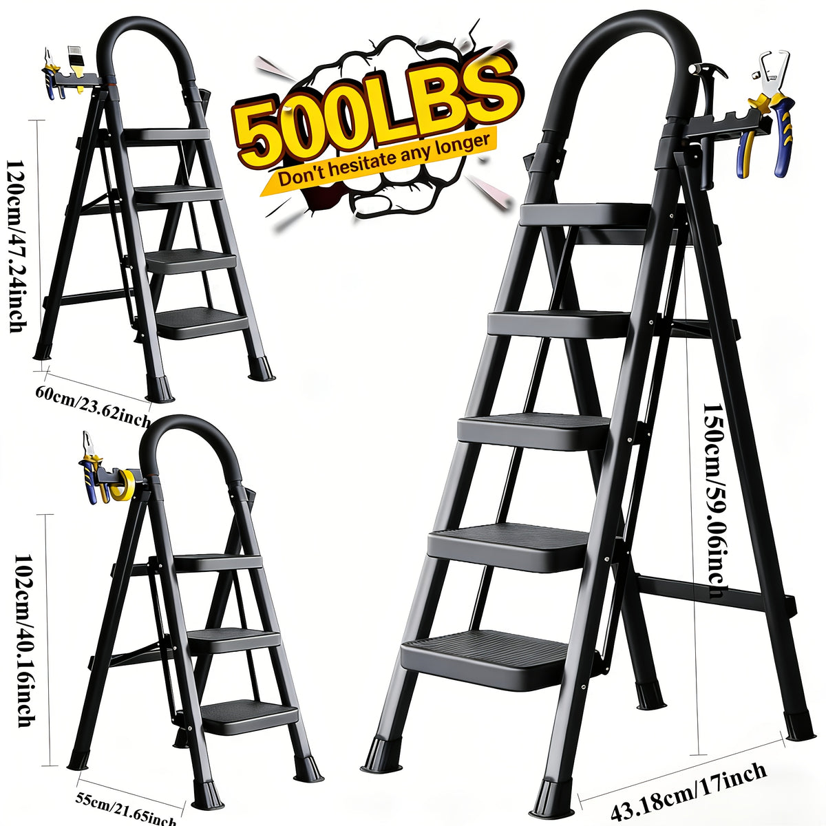 500lbs Load-bearing Folding Ladder | Heavy-duty Steel Step Stool with Anti-slip Wide Treads, Handrails, Safety Lock Design, Black and Red Color Scheme - product image 4