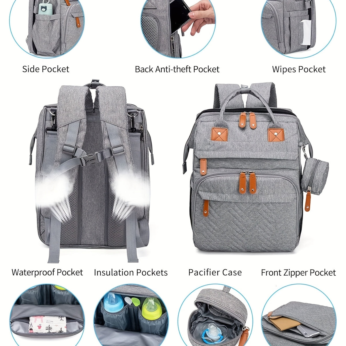 Diaper Bag Backpack, Diaper Bags, Shower Gifts, Multifunctional Diaper Backpack Large Capacity, (Heather Grey), Items, Necessitied - product image 6