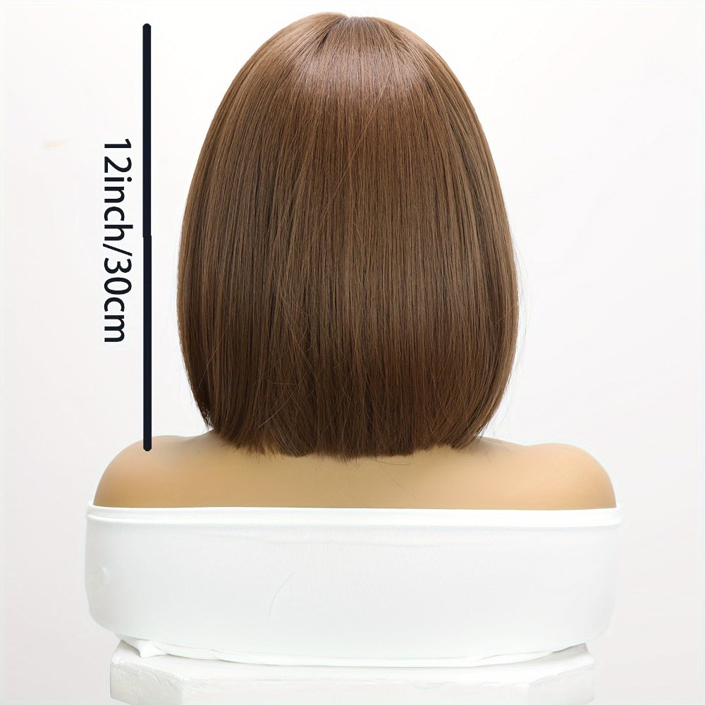 Rose Net Cap Synthetic Wig with Bangs 12 Inch Multi Color Breathable Soft Cap for Women | Light Yellow Gradient Brown Red Highlights Light Brown | Daily Wear Cosplay - product image 5