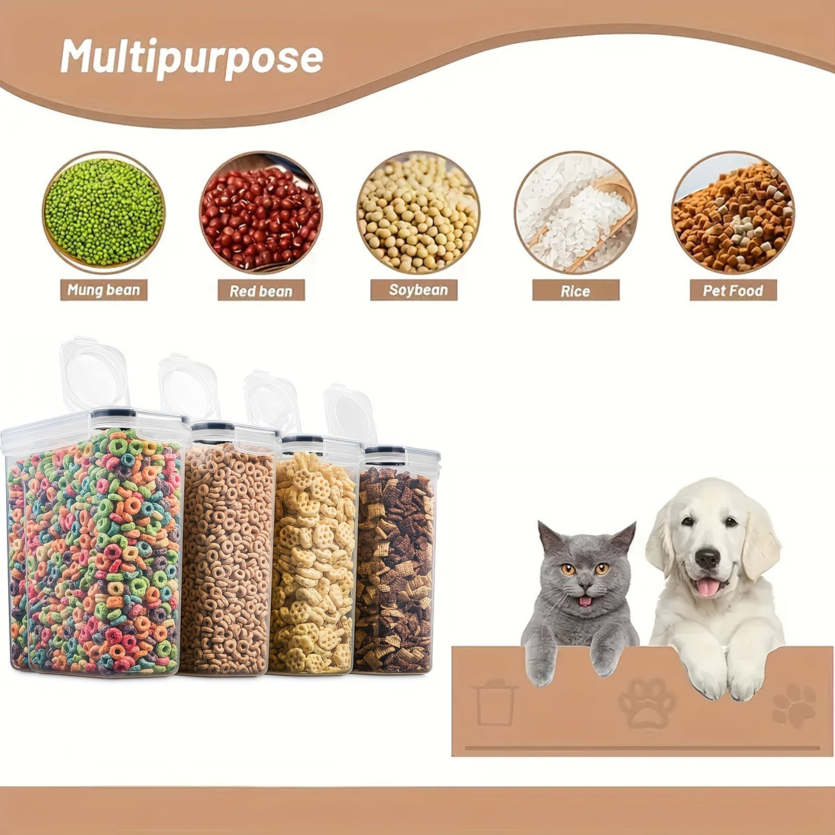 1.06 Gallon Plastic Canisters for Dog Food, Cat Food, Dry Treats, Grains & Rice, Kitchen Pantry Organization, Cereal & Dry Food Storage – Airtight Pet Food Storage Containers 4-Pack BPA Free