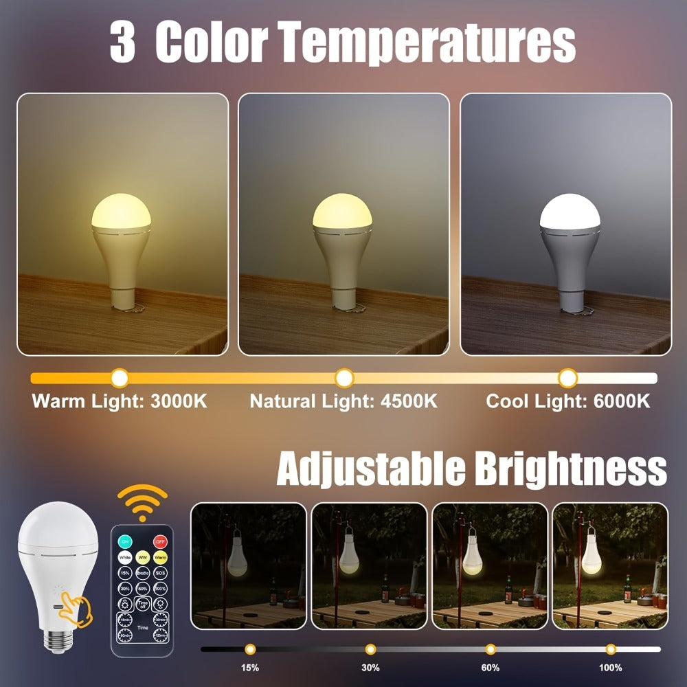 USB Rechargeable Light Bulbs 2-Pack with Remote Control Dimmable Timer 3 Color Temperatures E26 9W 350LM 2000mAh Emergency LED Bulb with Hook for Camping - product image 2