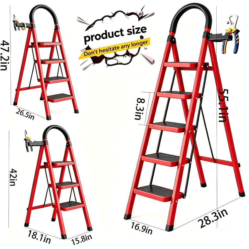 Folding Step Ladder with Anti-Slip Pedals & Handrail – 2/3/4/5 Step Stool for Adults, Sturdy Steel, Lightweight Portable, Non-Slip Feet, Rust-Resistant, Foldable for Home Kitchen O - product image 4