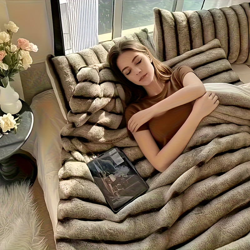 Striped Luxurious Faux Rabbit Fur Throw Blanket Ultra-Soft, Double-sided Blanket, Kids' Blanket, ClassicStripe Pattern, Multi-Color, Travel, Camping, Al - product image 6
